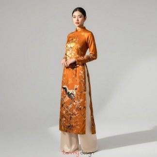 Copper brown silk Vietnamese long dress with flowers and birds